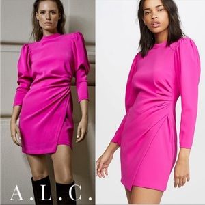 A.L.C Jane Mini Dress in Hot Pink Long Sleeve Ruched Pleated wrap ALC SZ 00